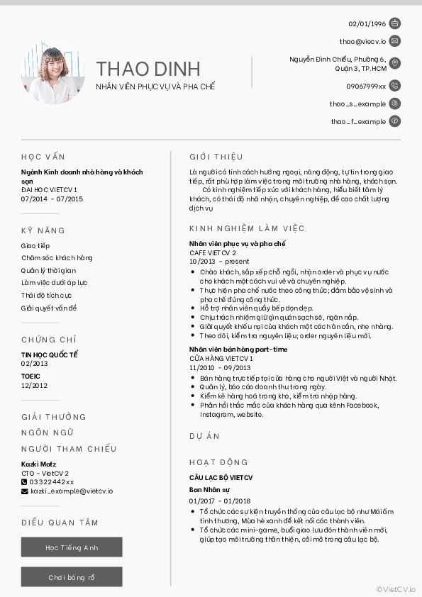 CV tham khảo Nhà hàng khách sạn