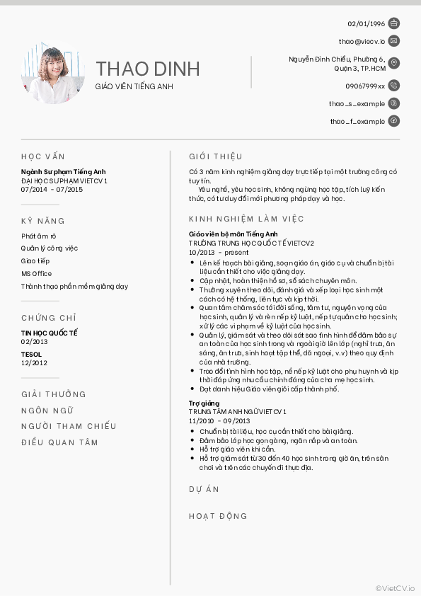 CV tham khảo Giáo viên