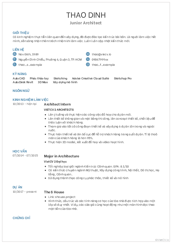 CV tham khảo Kiến trúc sư
