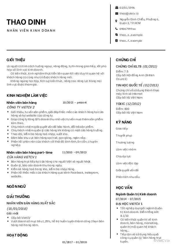 CV tham khảo Nhân viên kinh doanh