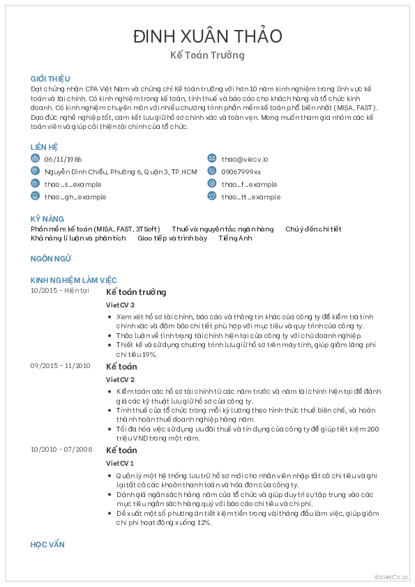 CV tham khảo Kế toán