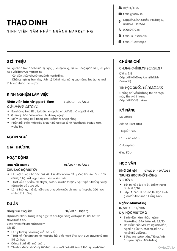 CV tham khảo Sinh viên năm nhất