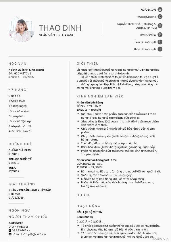 CV tham khảo Nhân viên kinh doanh