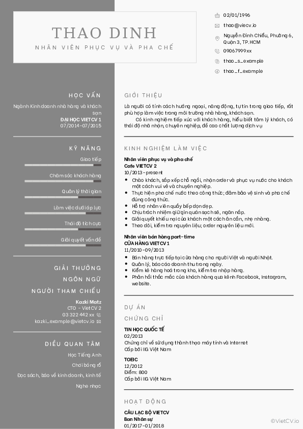 CV tham khảo Nhà hàng khách sạn