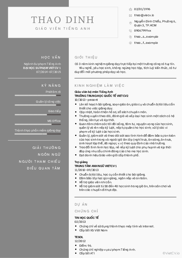 CV tham khảo Giáo viên