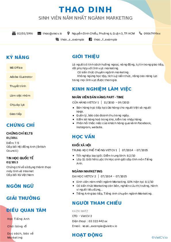 Mẫu CV dành cho Sinh viên năm nhất