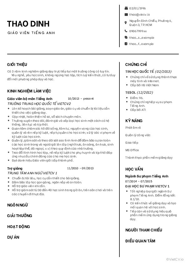CV tham khảo Giáo viên