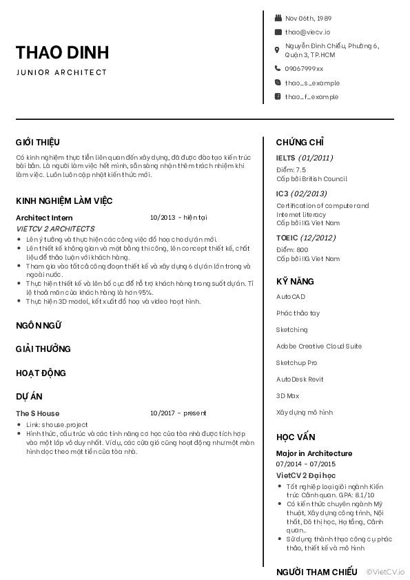 CV tham khảo Kiến trúc sư