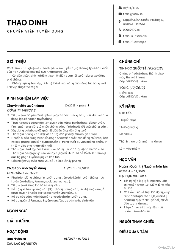 CV tham khảo HR