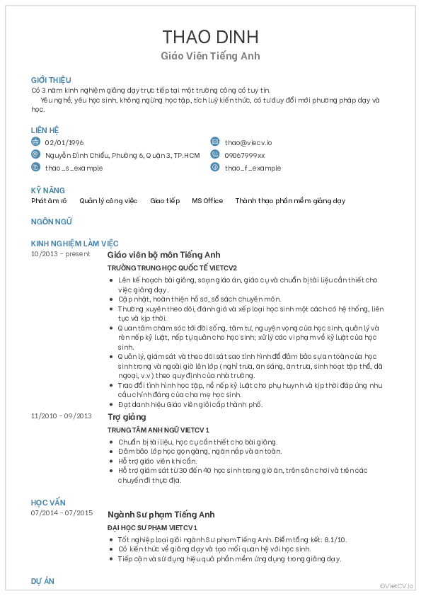 CV tham khảo Giáo viên