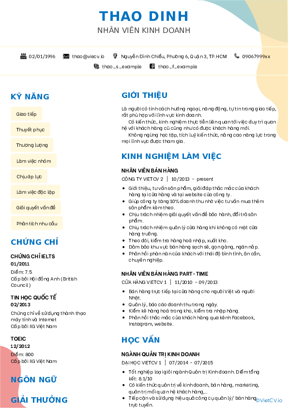 CV tham khảo Nhân viên kinh doanh