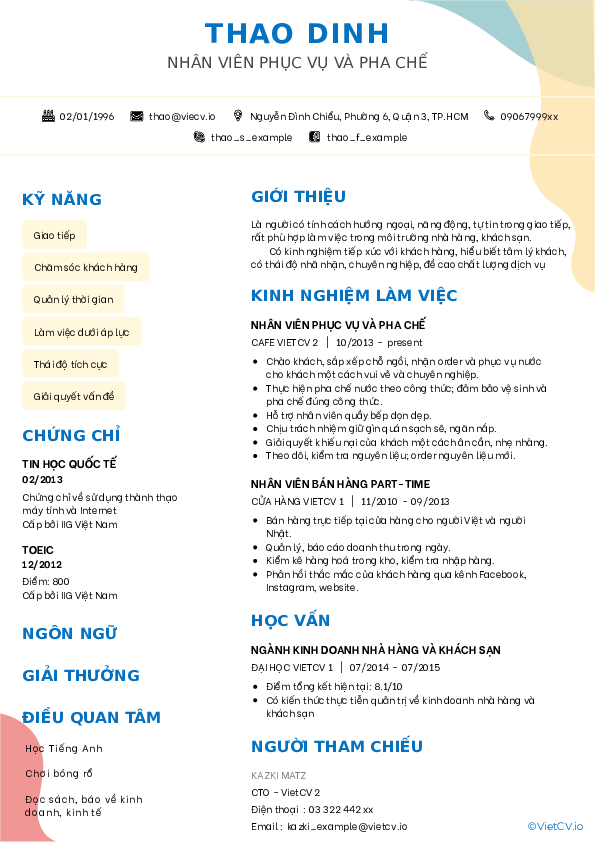 CV tham khảo Nhà hàng khách sạn