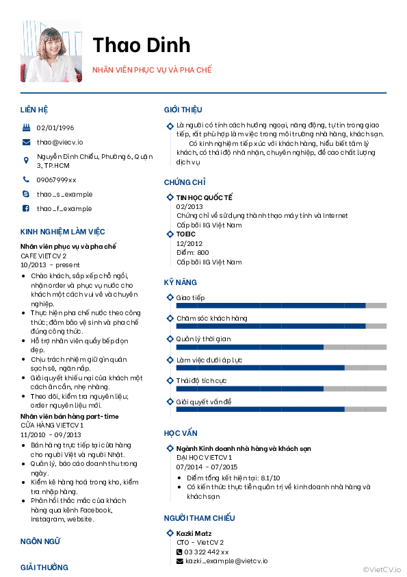 CV tham khảo Nhà hàng khách sạn