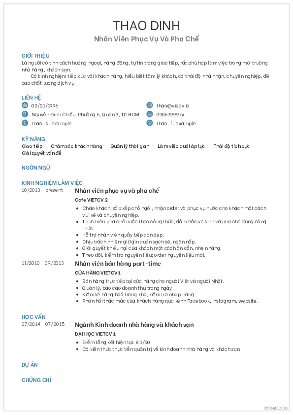 CV tham khảo Nhà hàng khách sạn