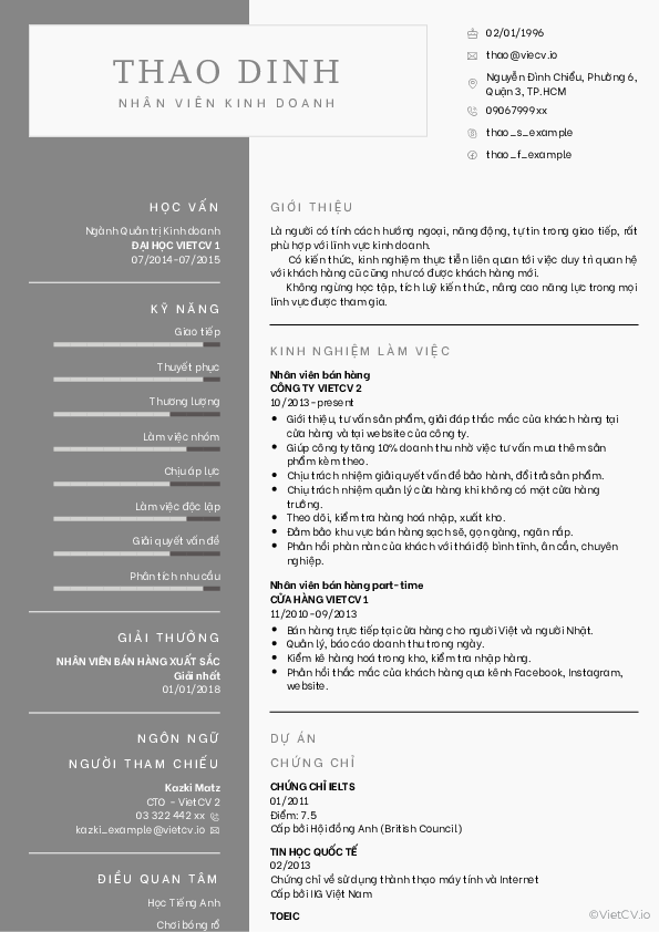 CV tham khảo Nhân viên kinh doanh