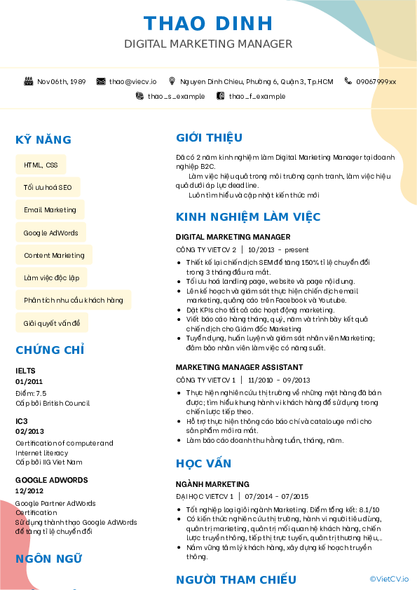 Mẫu CV dành cho Maketing