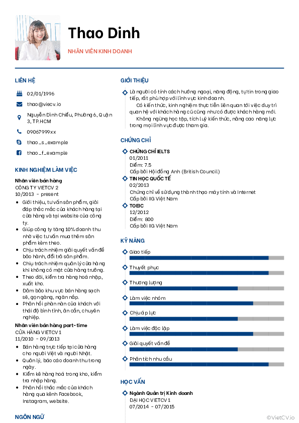 CV tham khảo Nhân viên kinh doanh