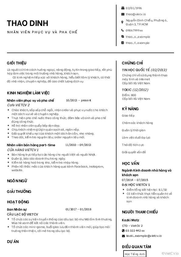 CV tham khảo Nhà hàng khách sạn