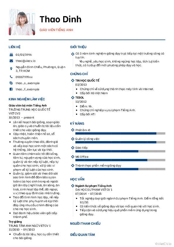 CV tham khảo Giáo viên