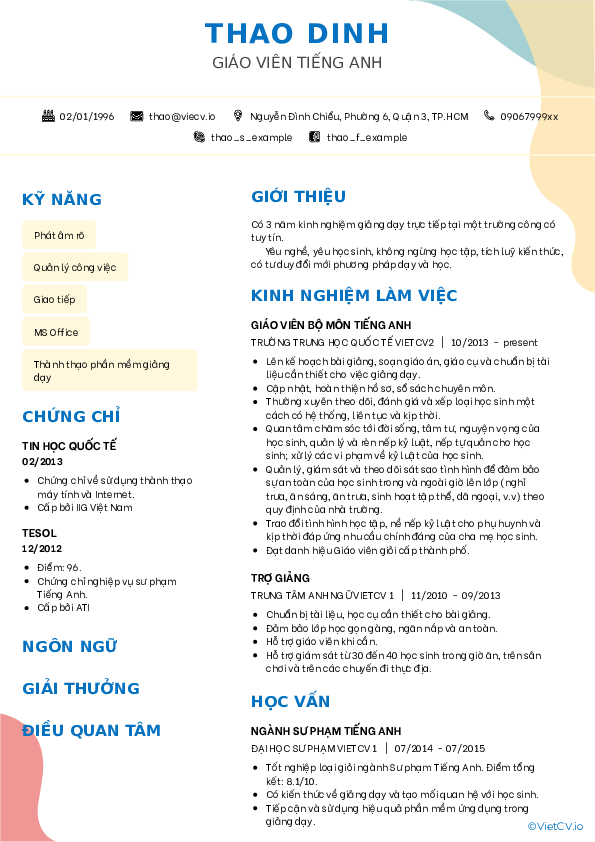CV tham khảo Giáo viên