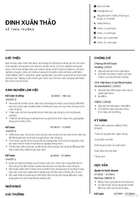 CV tham khảo Kế toán